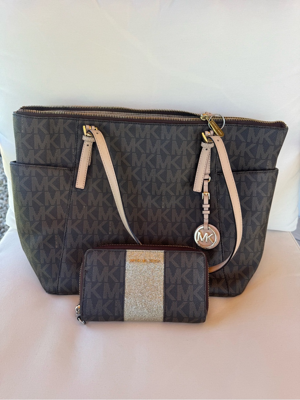 Michael Kors Brown MK Signature Tote with Beige Trim and Matching Wallet